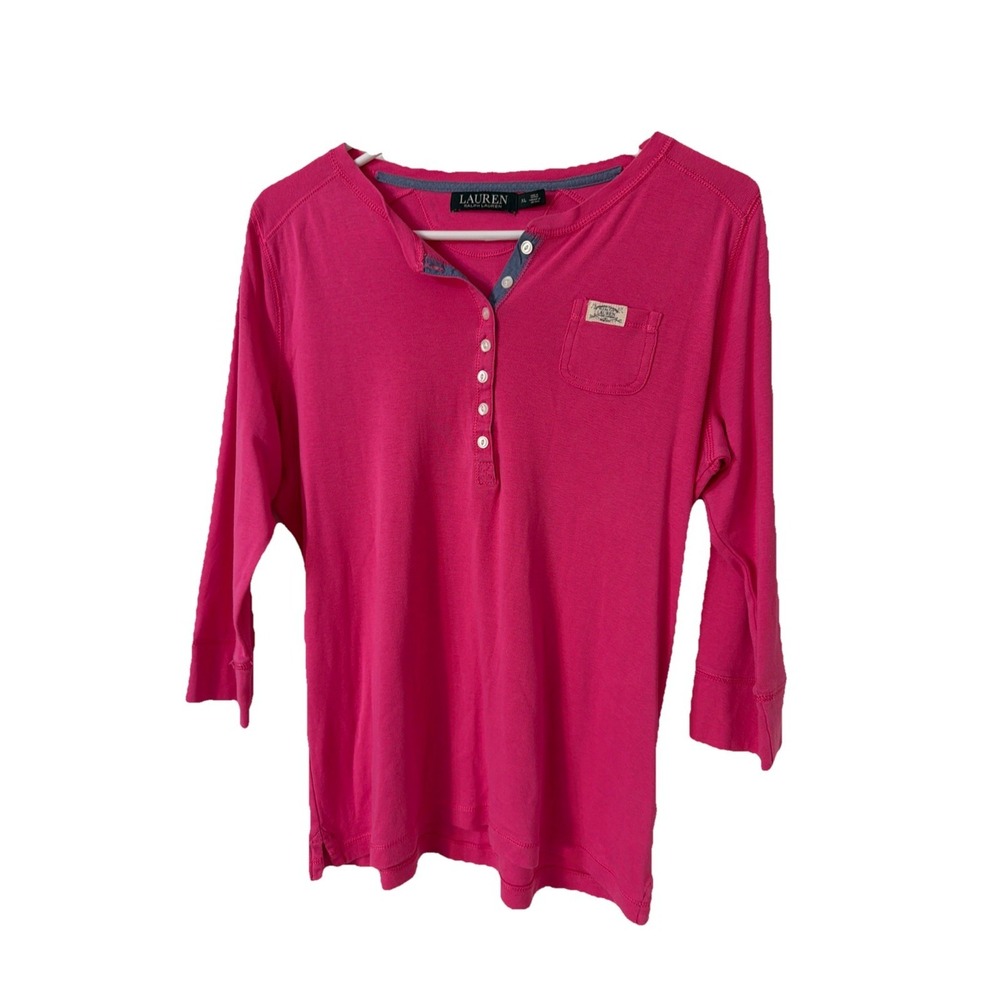Lauren Ralph Lauren Black Label Henley Top XL Pink 3/4 Sleeve Pocket
